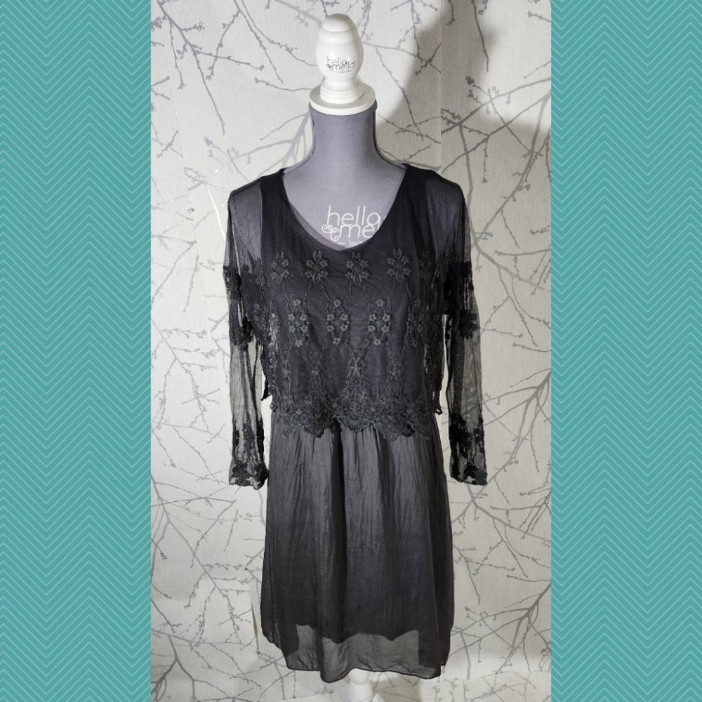 Carla Conti Black Floral Lace Overlay Silk Dress Fairy Whimsigoth